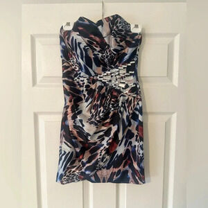 LIPSY London Strapless Surplice Mixed Animal Print Jeweled Party Dress. Size 2.